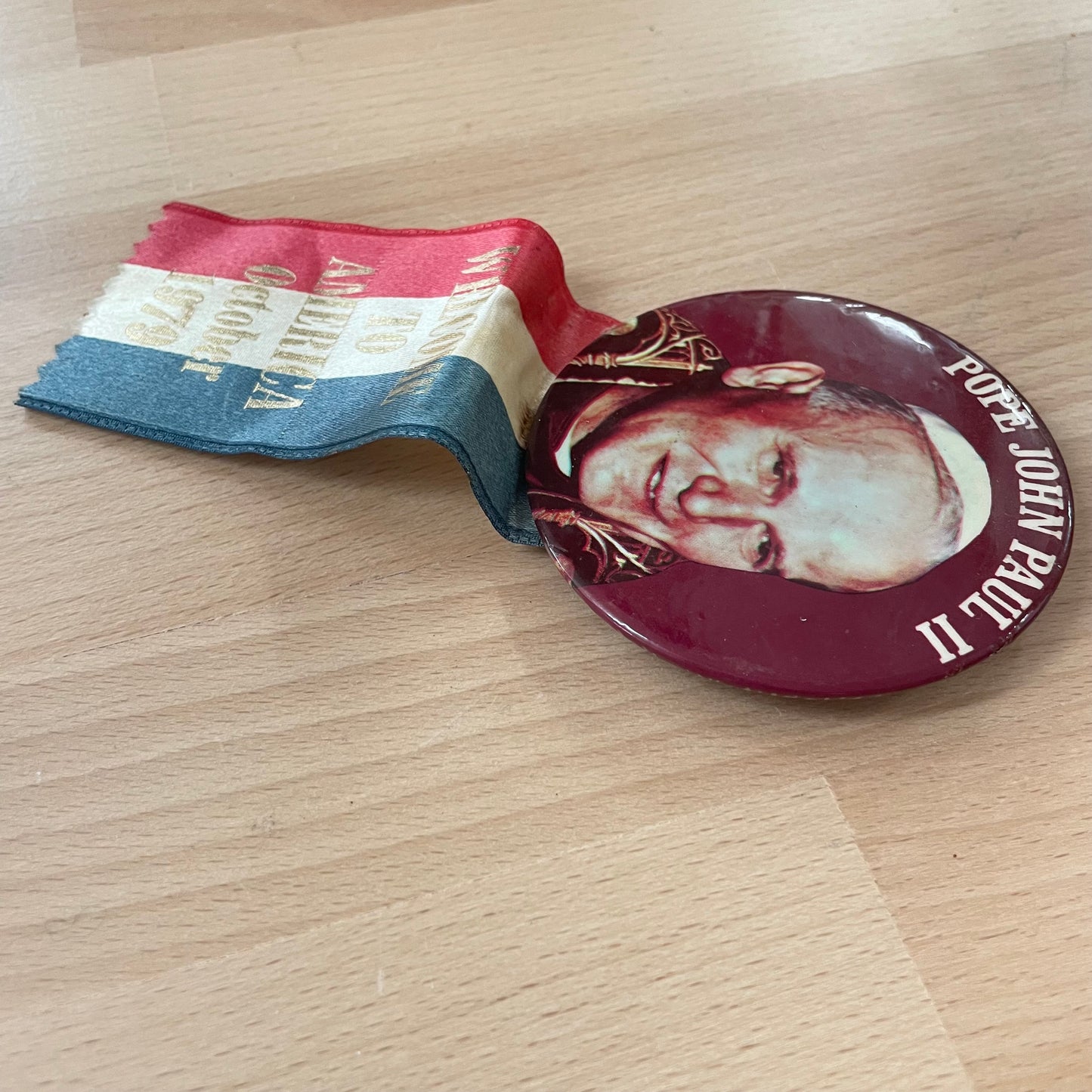 Vintage 1979 Pope John Paul II "Welcome to America" Pinback Button with Ribbon – 3” x 6.5”