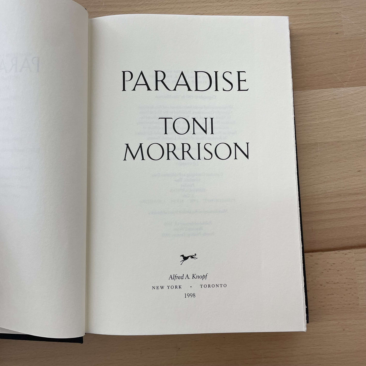 Paradise by Toni Morrison — title page, Alfred A. Knopf