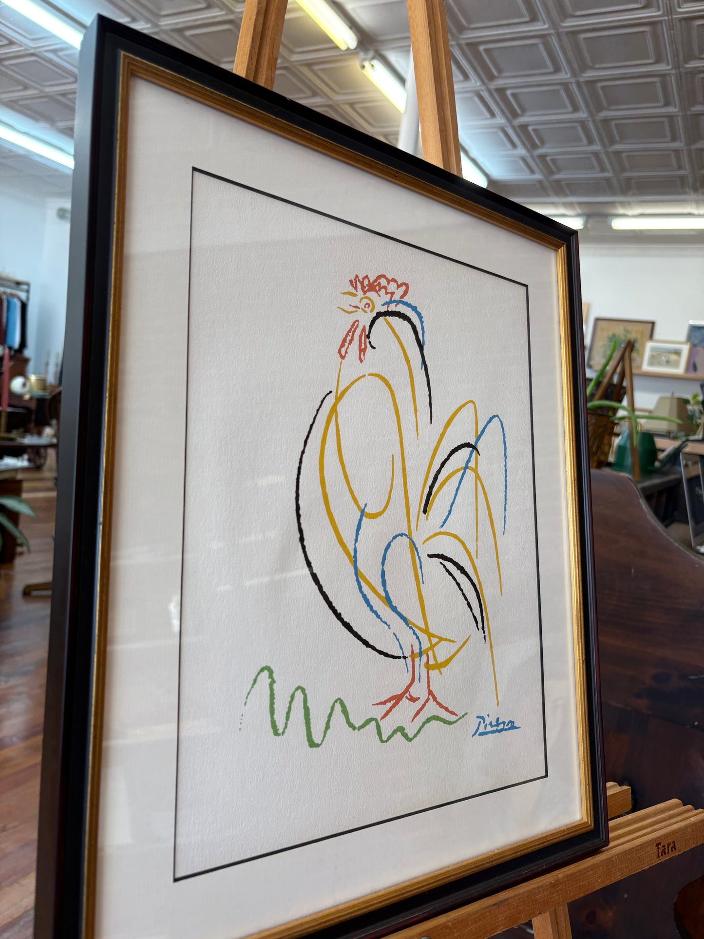 Picasso-Inspired “Le Coq” Line-Drawing Print – Mid-Century Modern Black/Gold Frame 17″