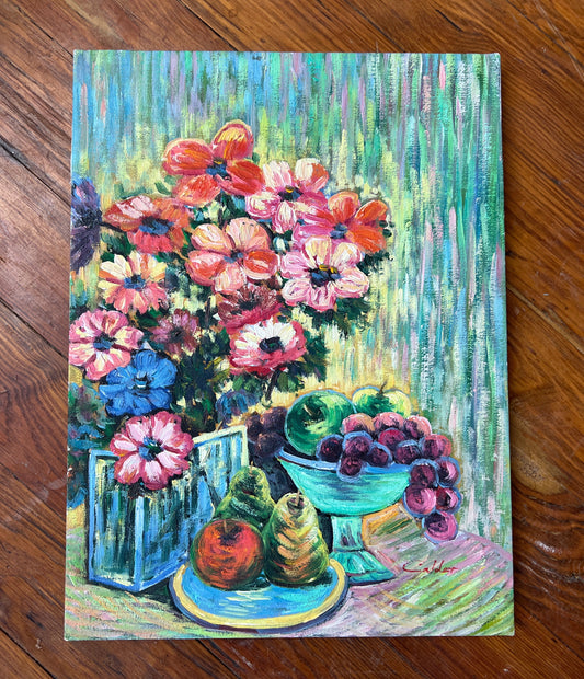 Vibrant Floral & Fruit Still-Life Oil on Canvas – Signed “Calder,” Post-Impressionist