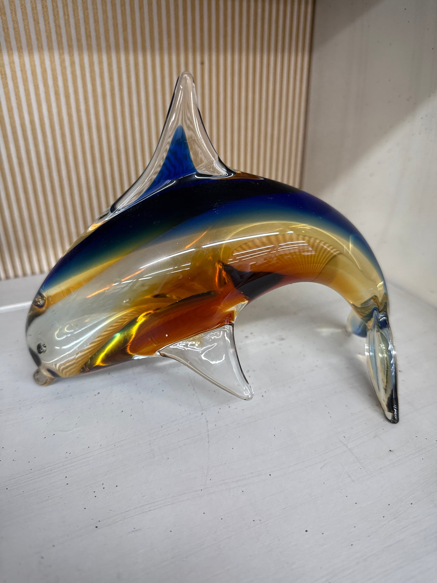 Murano Style Art Glass Dolphin Figurine in Amber and Blue, 7.25”