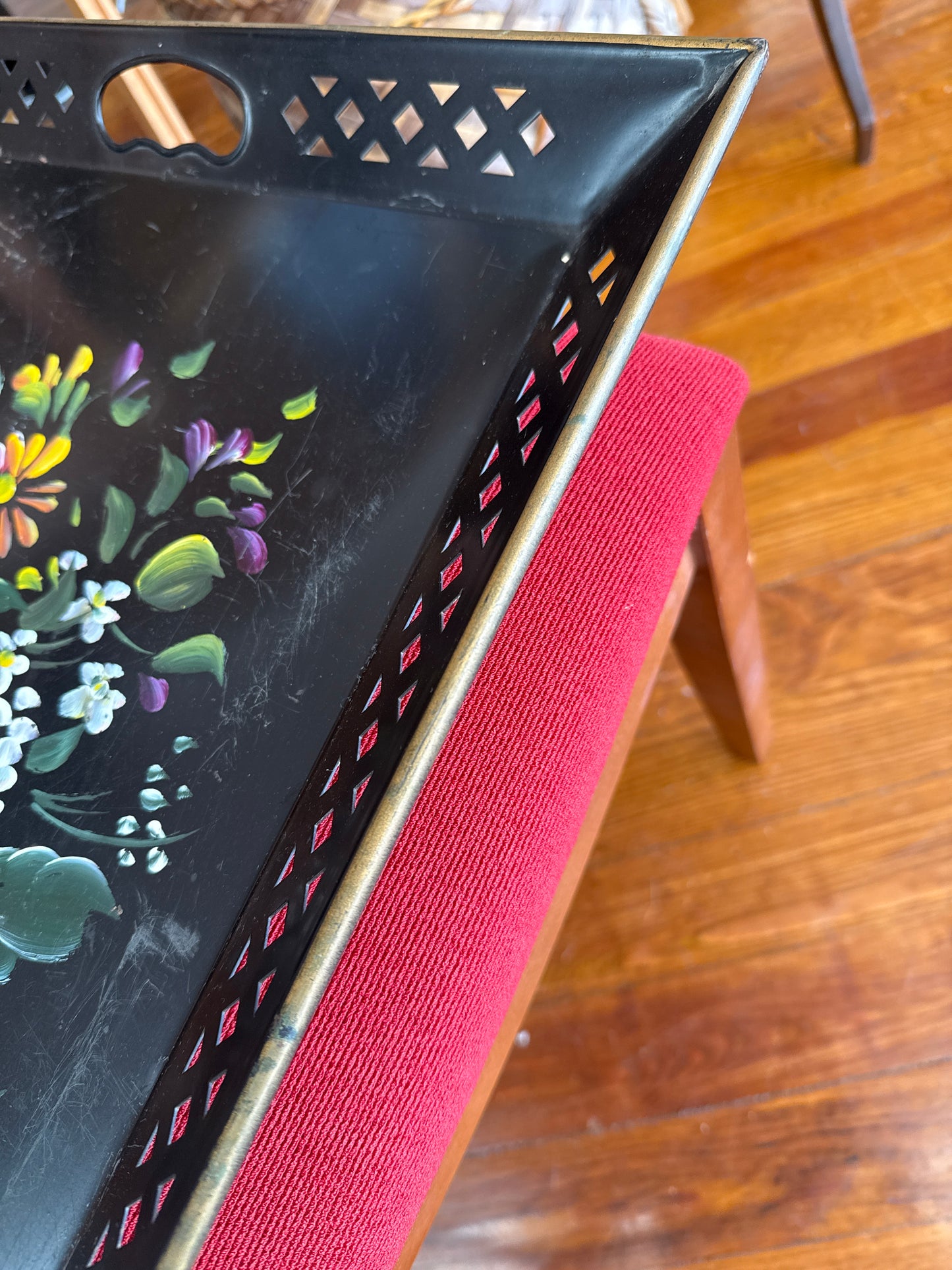 Vintage Hand-Painted Black Metal Floral Tray with Pierced Edges