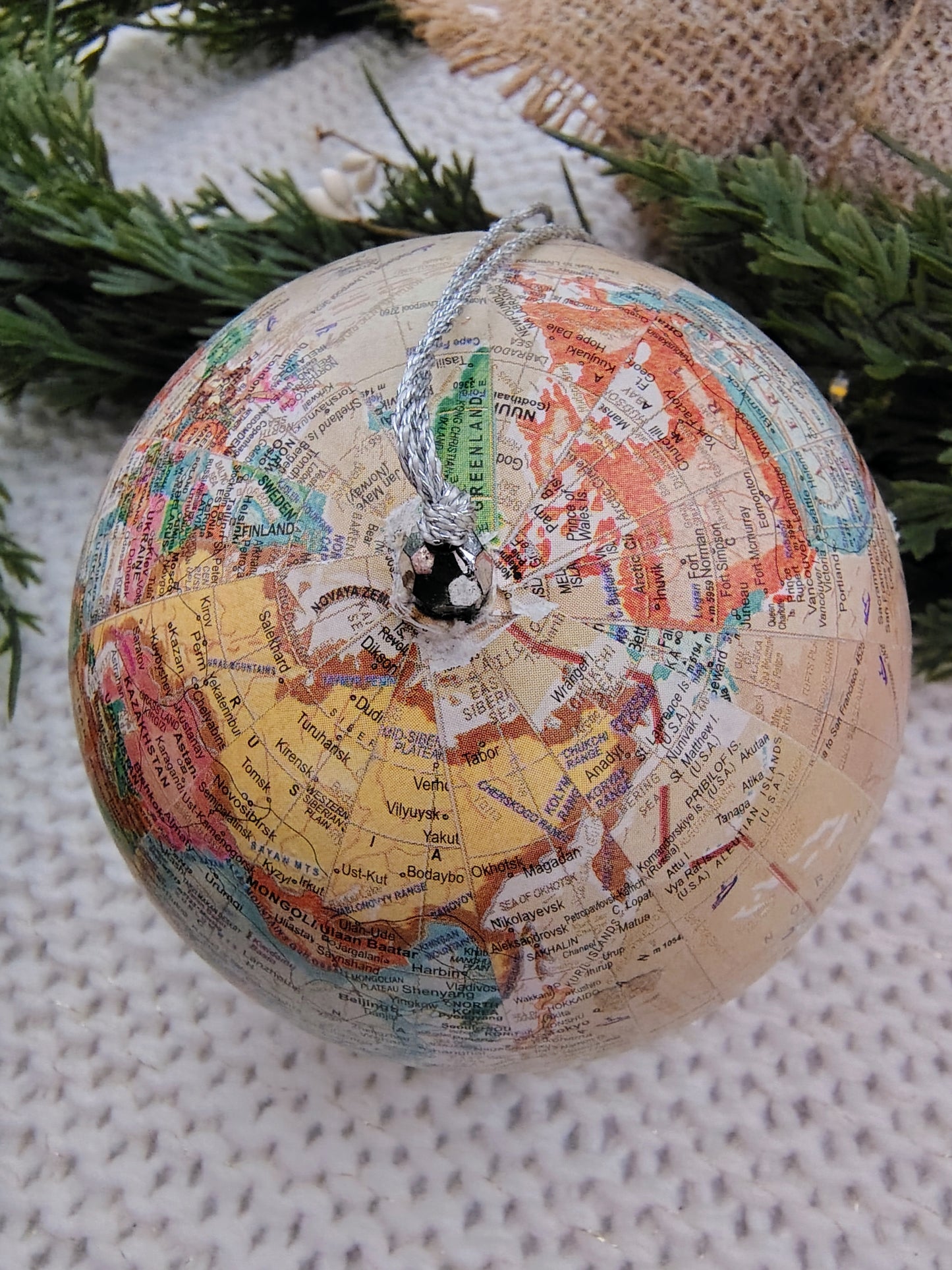 “Joy to the World” Paper Mâché Globe Christmas Ornament – Vintage Map Design