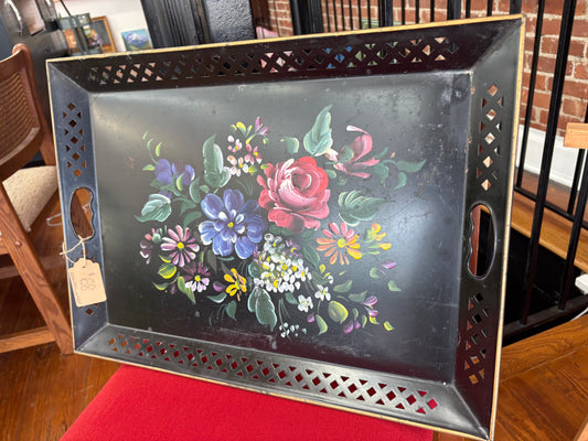 Vintage Hand-Painted Black Metal Floral Tray with Pierced Edges