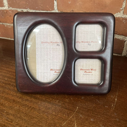 Dark cherry wood three-opening collage picture frame, front