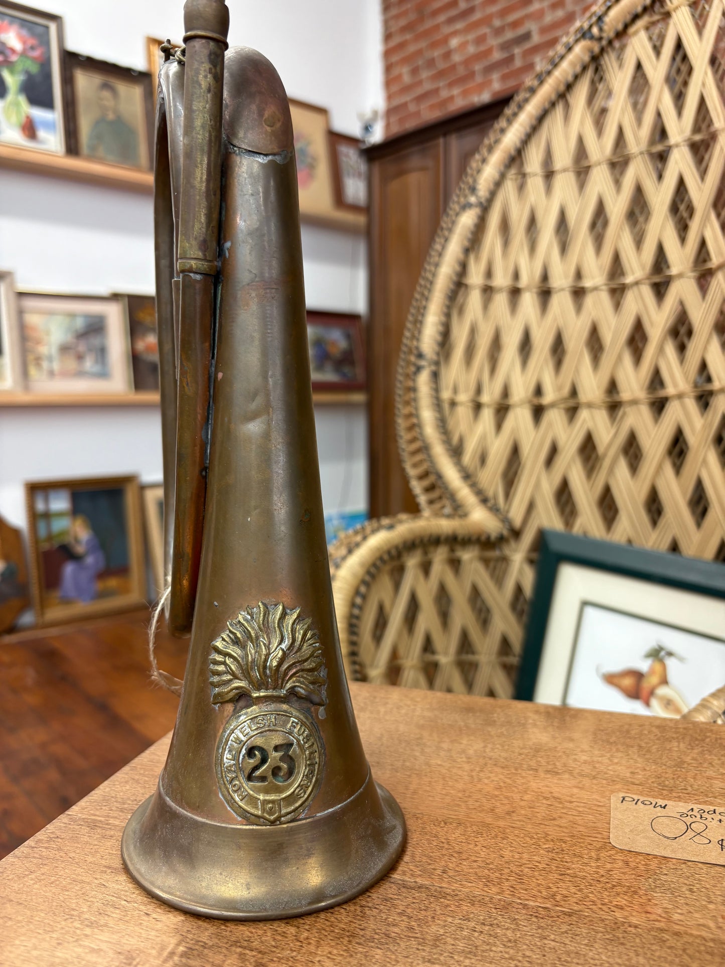 WWI Antique Royal Welsh Fusiliers Bugle – Copper & Brass “23” Regimental Horn, 12″