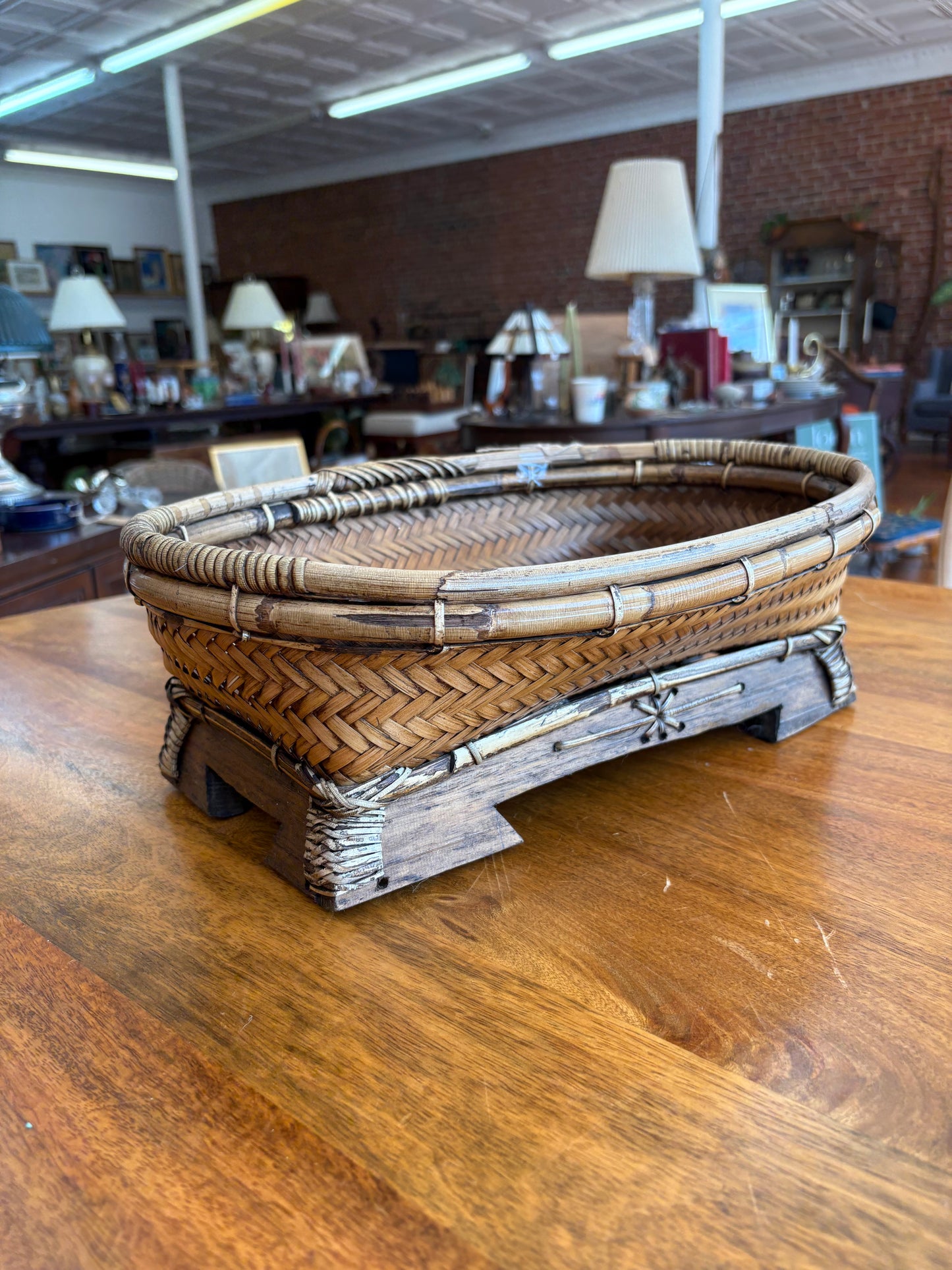 Handmade Thai Woven Wicker Basket with Footed Wood Base and Bamboo Trim