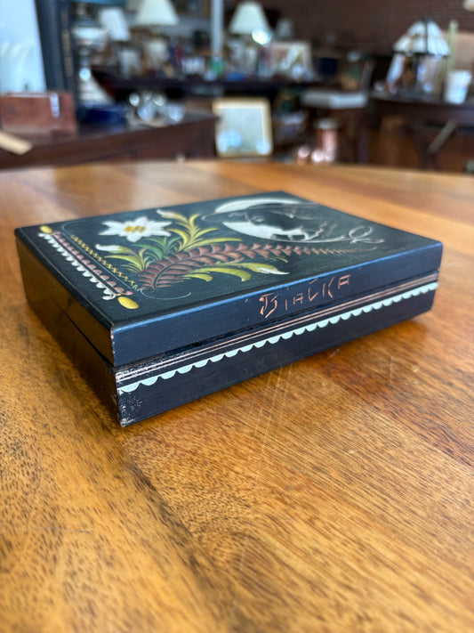 Polish Bialka Lacquerware Jewelry Box — Hand-Painted Folk Art, Bird & Floral Motif, 6.5"L