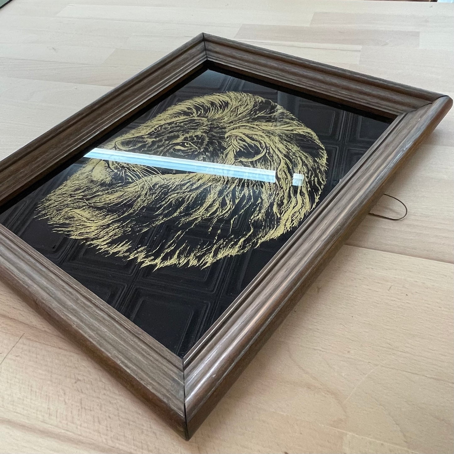 Vintage 1970s Gold Etched Lion Head on Black Glass, Wood Frame Wall Art