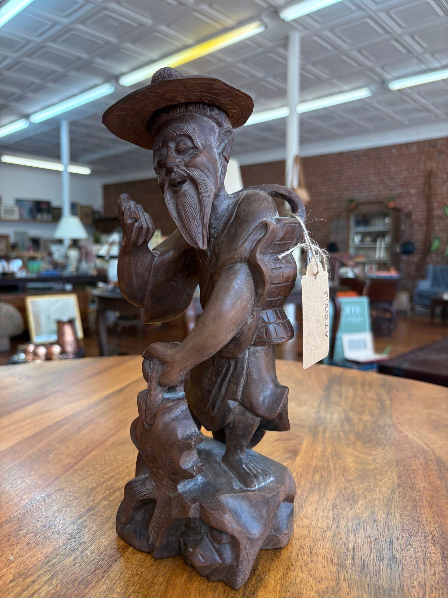Vintage Chinese Fisherman Wood Carving – Removable Hat, Red Cedar, 12″ Tall