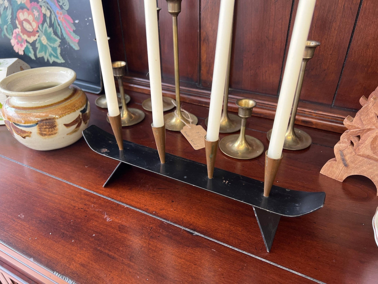 1960s Swedish Metal & Brass Candelabra by Gunnar Ander for Ystad, Copper MCM Advent Wreath, Sweden - Loom Vintage