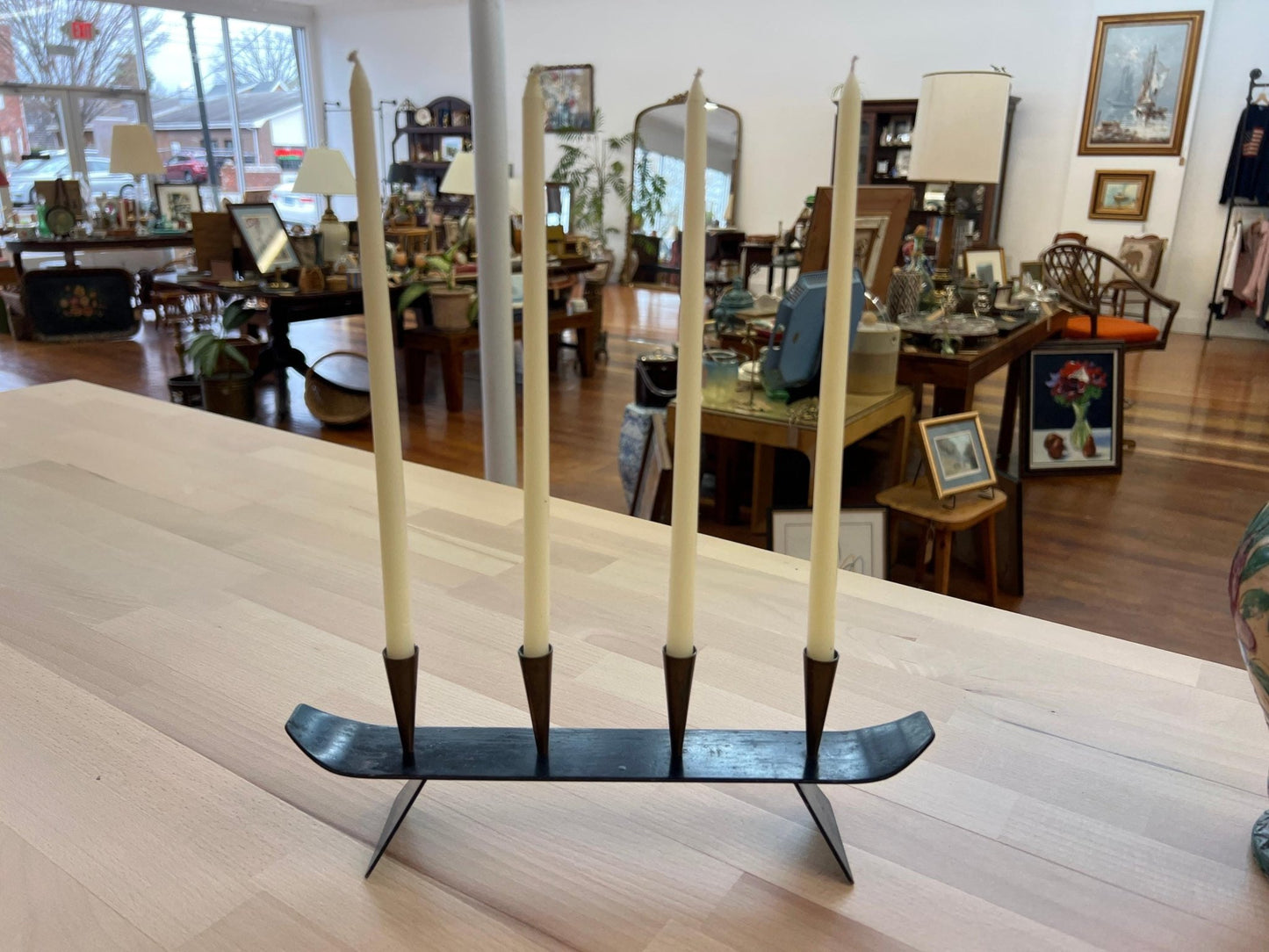 1960s Swedish Metal & Brass Candelabra by Gunnar Ander for Ystad, Copper MCM Advent Wreath, Sweden - Loom Vintage