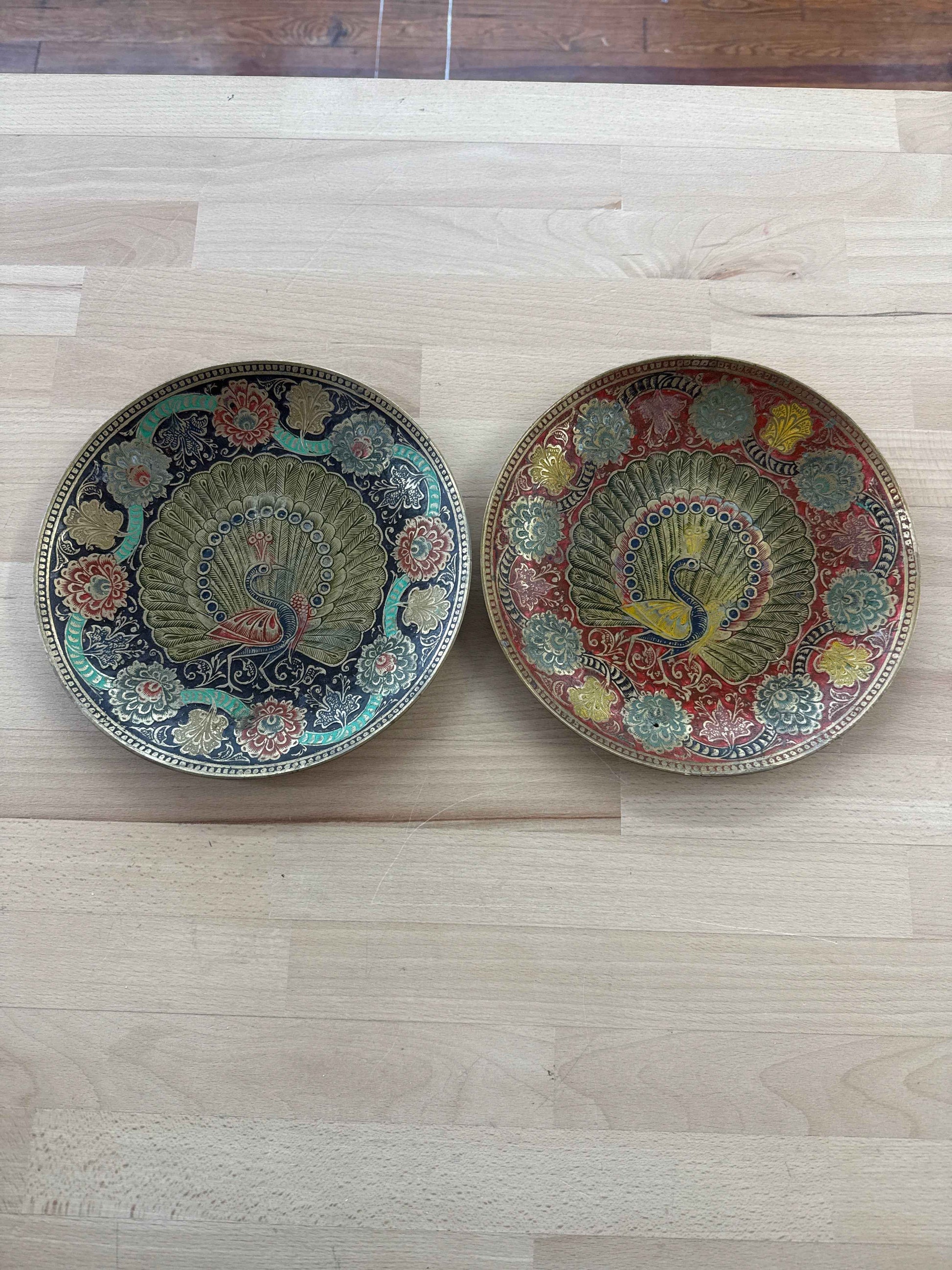 Hand-Painted Brass Peacock Wall Plates — Decorative Brass, 8.75"