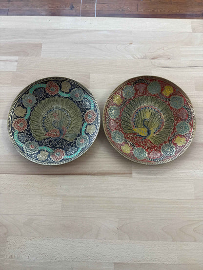 Hand-Painted Brass Peacock Wall Plates — Decorative Brass, 8.75"