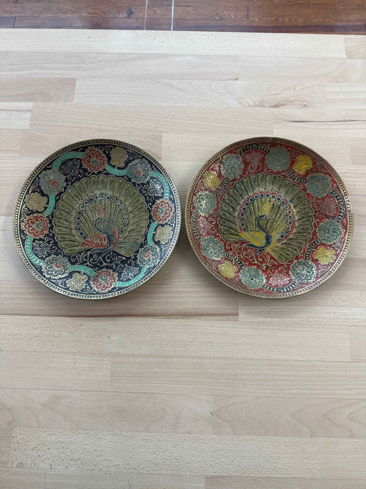 Hand-Painted Brass Peacock Wall Plates — Decorative Brass, 8.75"