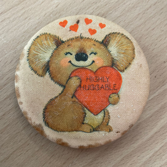 Vintage 1980 “Highly Huggable” Koala Pinback Button – 2.25” Cute Retro Pin