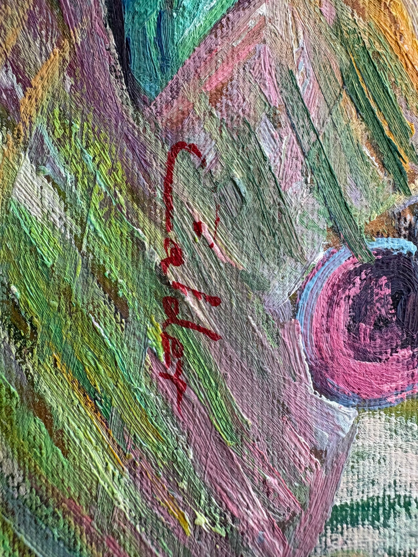 Vibrant Floral & Fruit Still-Life Oil on Canvas – Signed “Calder,” Post-Impressionist