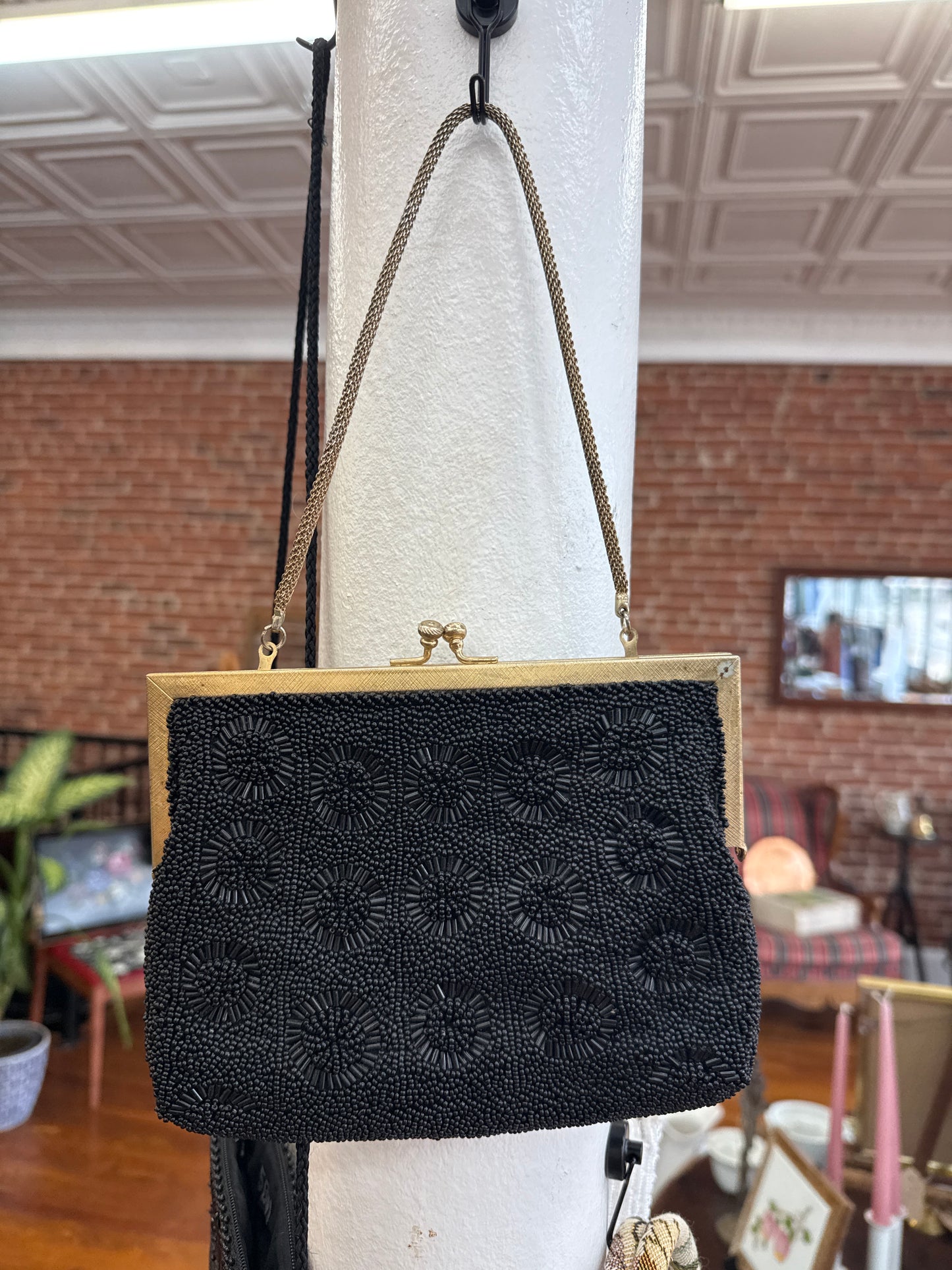 Vintage Black Beaded Evening Bag with Brass Frame – Made in Hong Kong