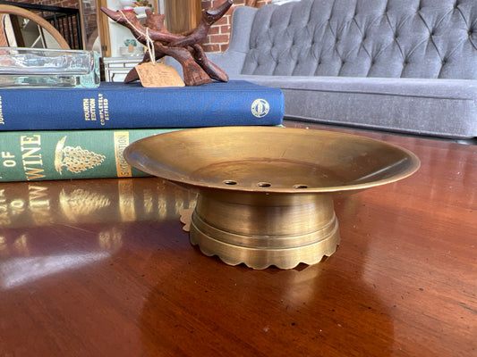 Brass Pedestal Soap Dish — Scalloped Base, Drain Holes, 5" diameter, c. 1970s