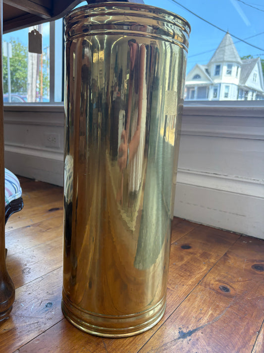 Vintage Polished Brass Umbrella Stand — Cylindrical, Banded Detail, 18"
