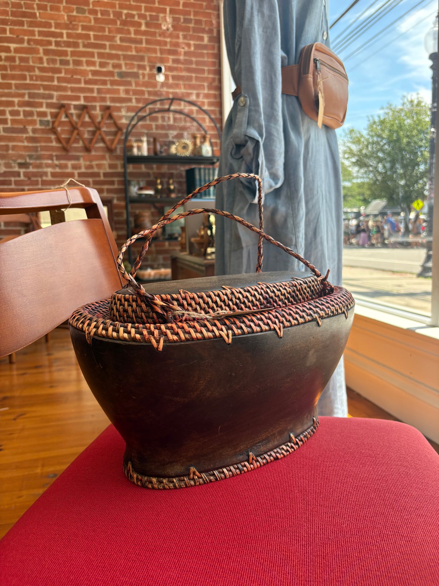 Hand-Carved Wood & Woven Basket with Lid – Vintage South Asian Folk Art