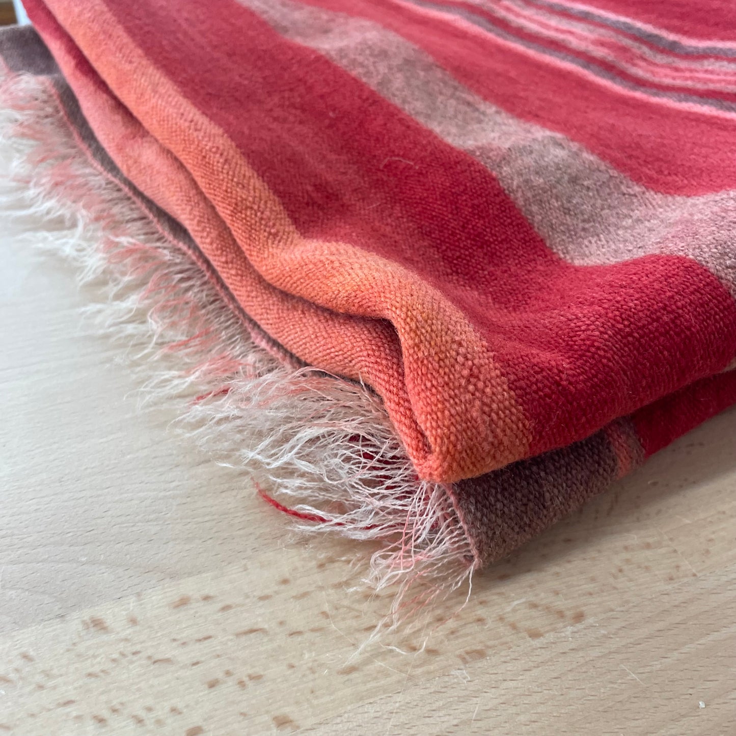 Vintage Wool Red Striped Blanket with Fringe – Handwoven Bohemian Throw (64” x 53”)