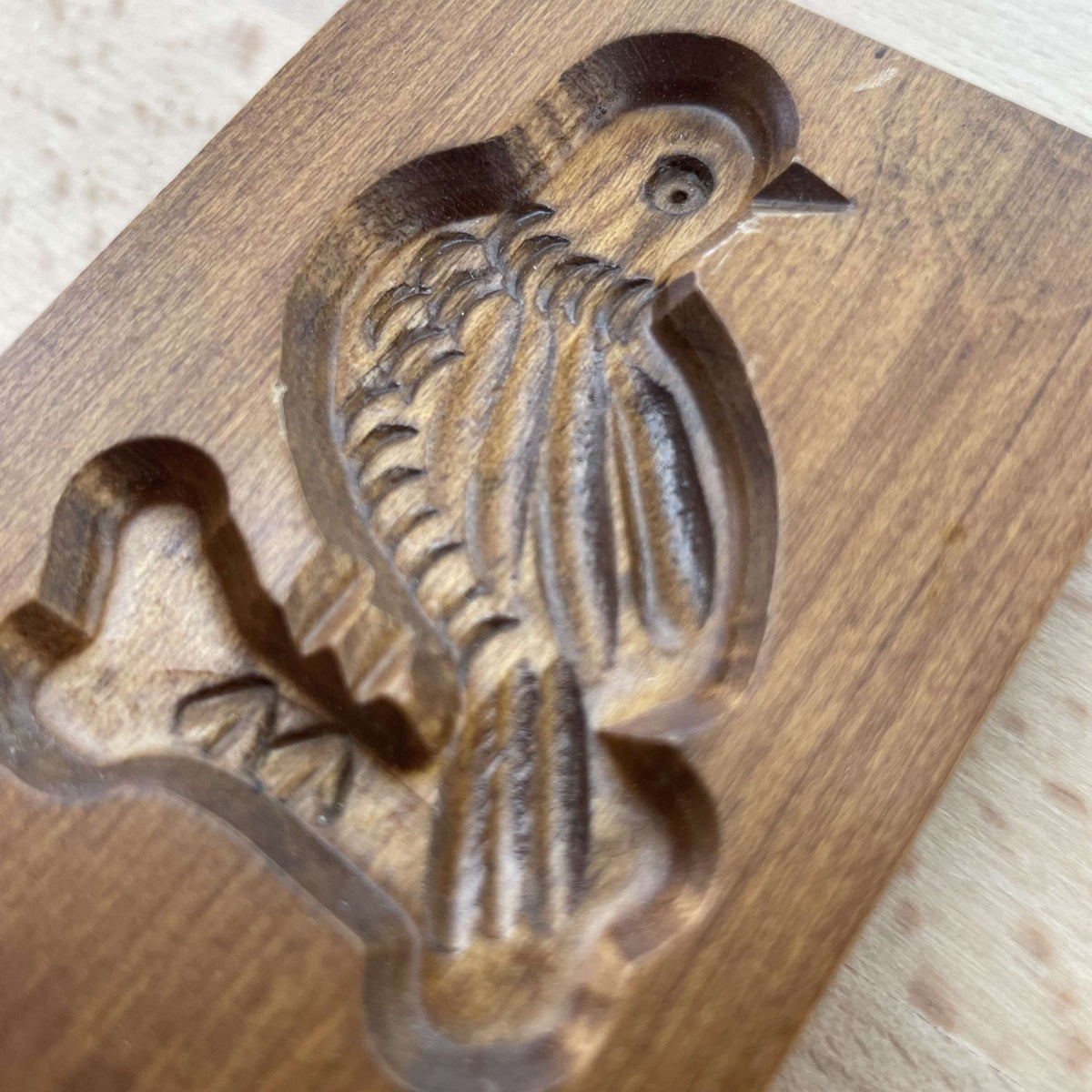 Gene Wilson wooden springerle cookie mold — long-tailed bird design