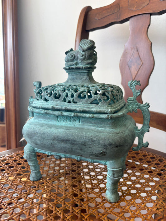 Chinese Bronze Incense Burner — Foo Dog Lid, Dragon Handles, Verdigris Patina, c. Mid-20th Century