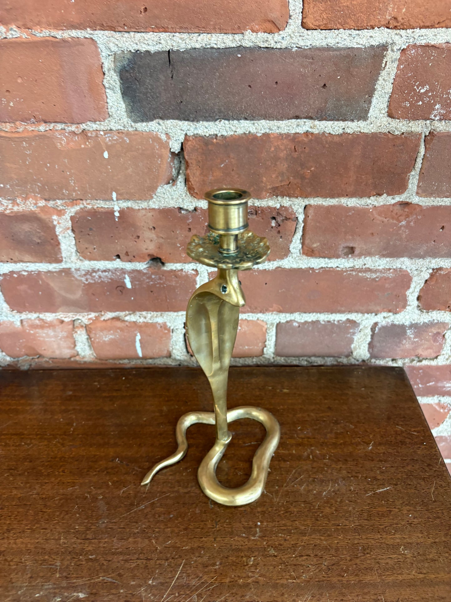 Moroccan Brass Cobra Candlestick with Emerald Glass Eyes — Handcrafted, c. 1970s–80s, 10"