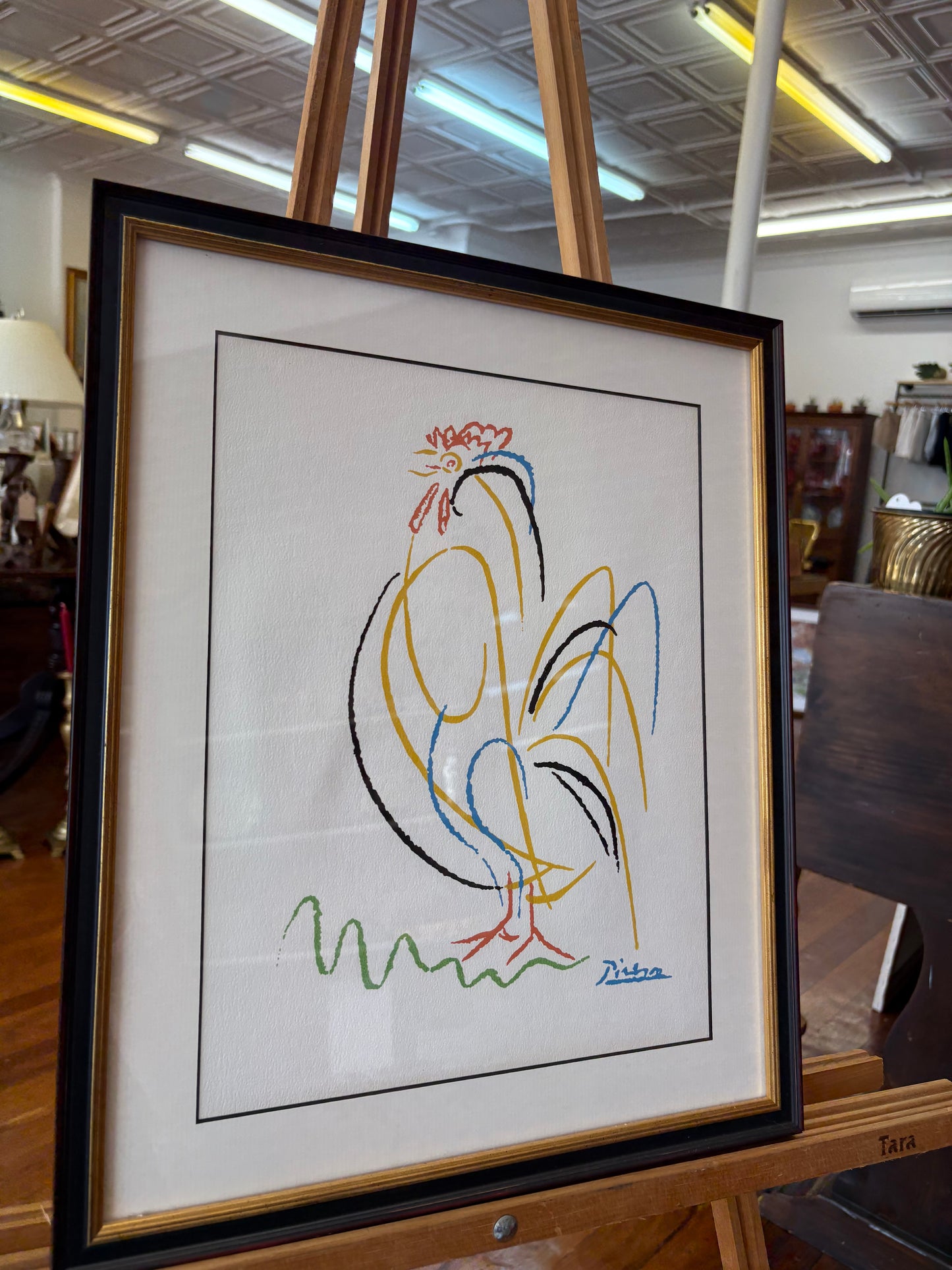 Picasso-Inspired “Le Coq” Line-Drawing Print – Mid-Century Modern Black/Gold Frame 17″