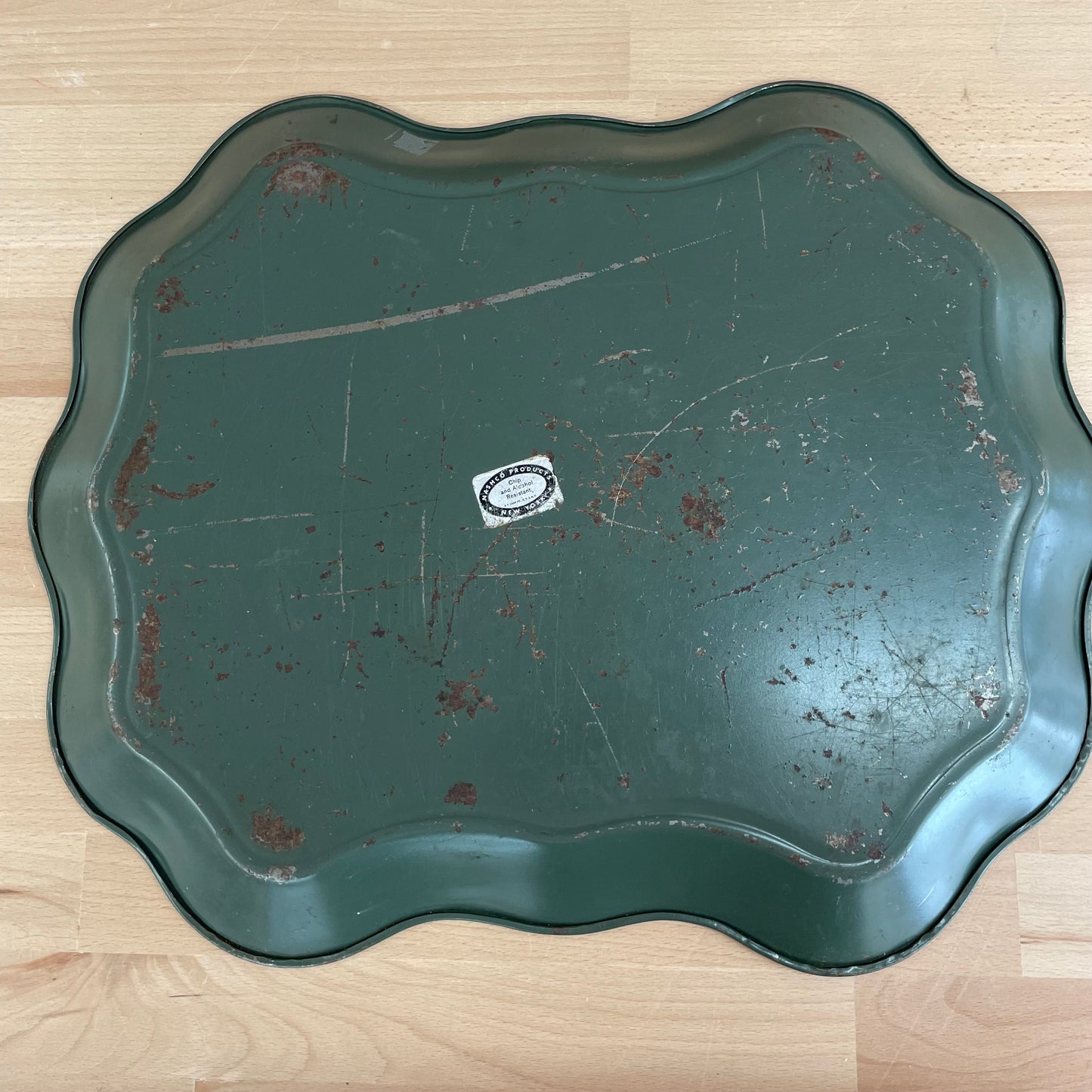 Hand-Painted Nashco Green Tole Tray with Floral Design, 1950s Vintage