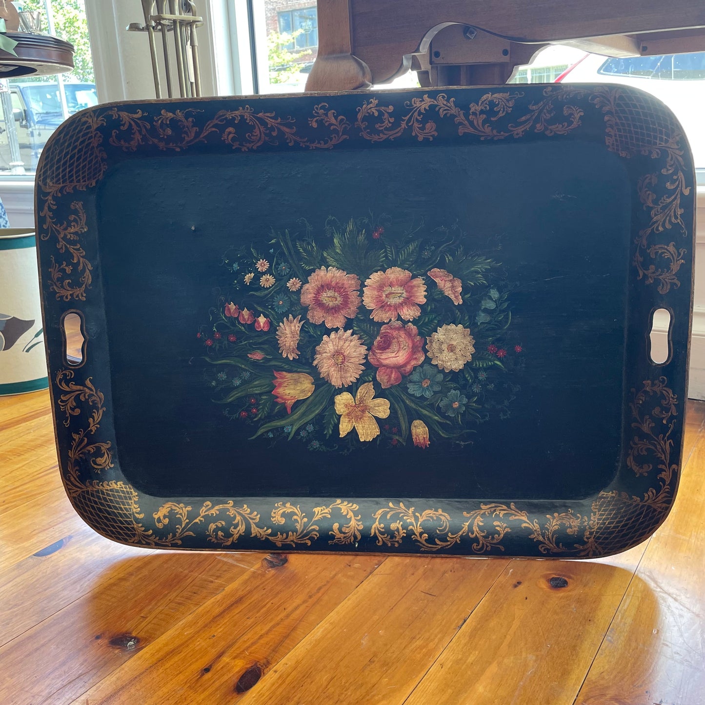 Oversized Hand-Painted Floral Tole Tray – Antique European Black Metal, 30″ x 21.75″