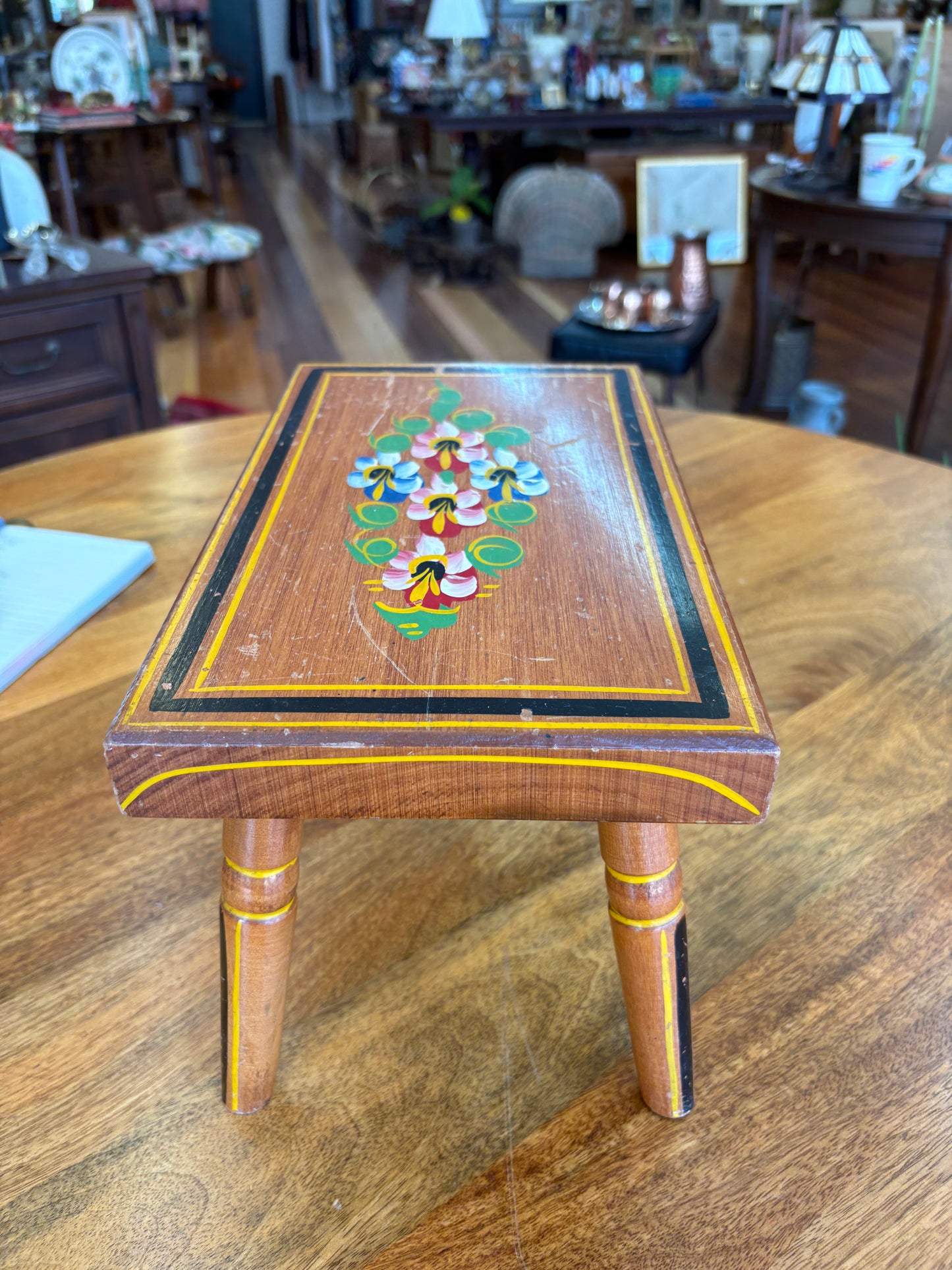 1966 J.S. Ebersol Hand-Painted Folk Art Footstool – Pennsylvania Dutch, 14″