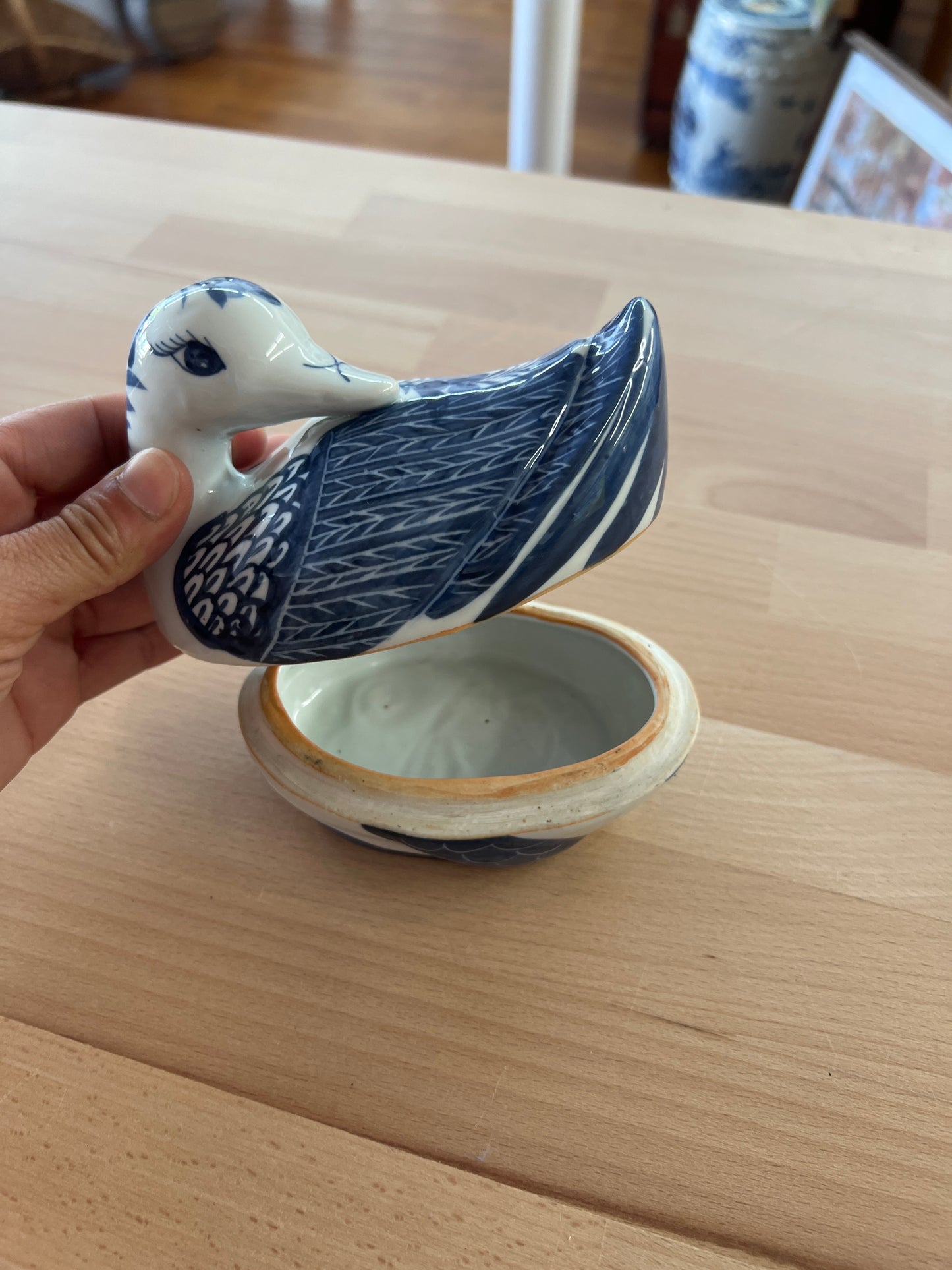 Ceramic Blue and White Duck Trinket Box with Lid – Vintage Decorative Dish
