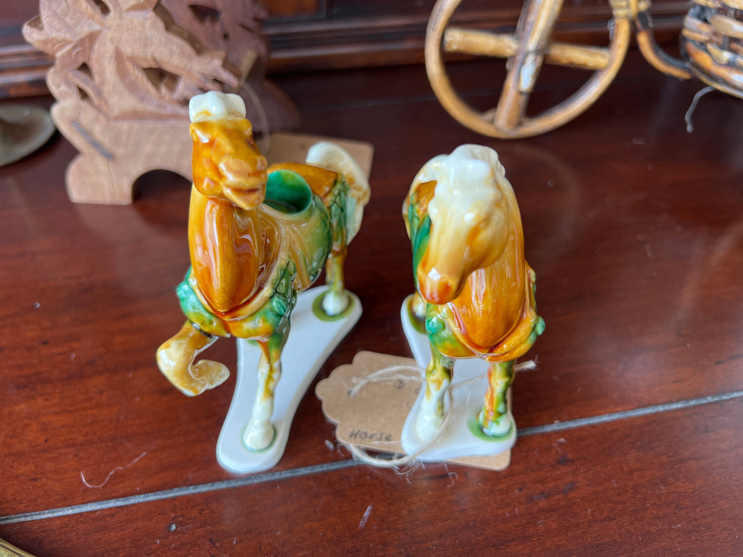 Vintage Ceramic Horse Figurines, Hand-Painted Tang Style Pair