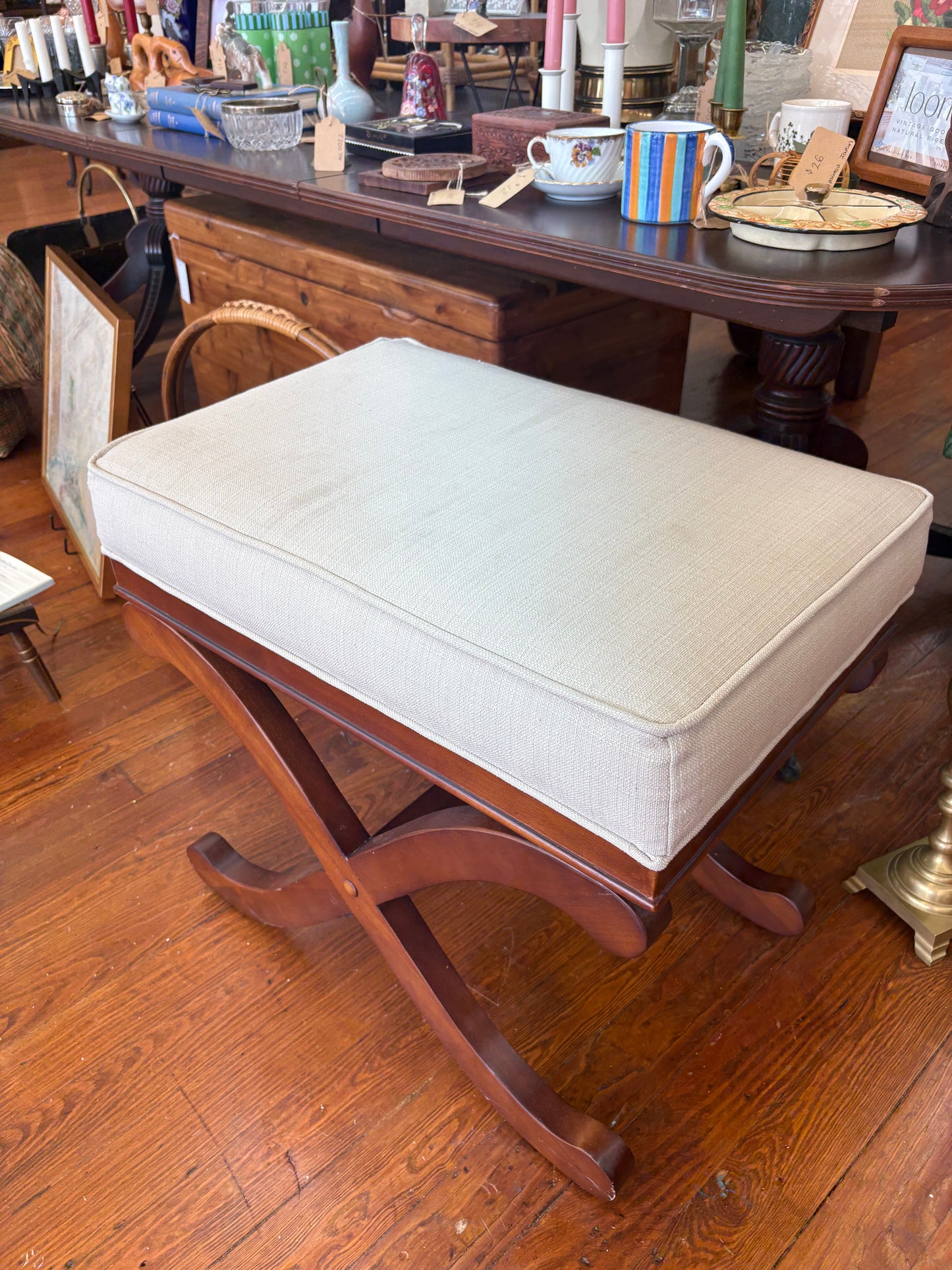 X-Base Wooden Ottoman Bench with Cream Upholstered Cushion