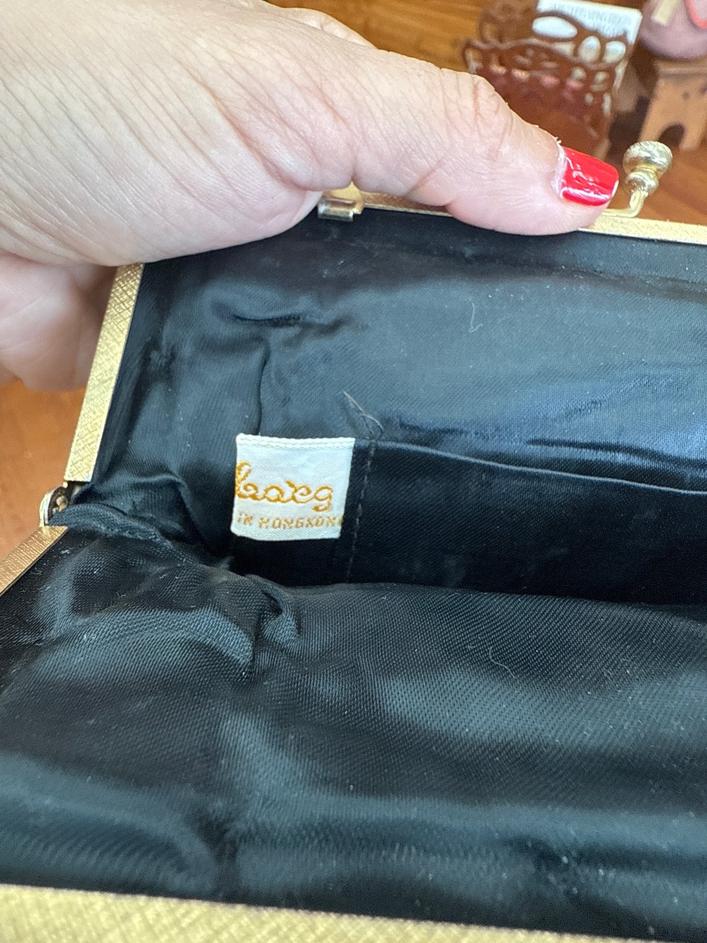 Vintage Black Beaded Evening Bag with Brass Frame – Made in Hong Kong