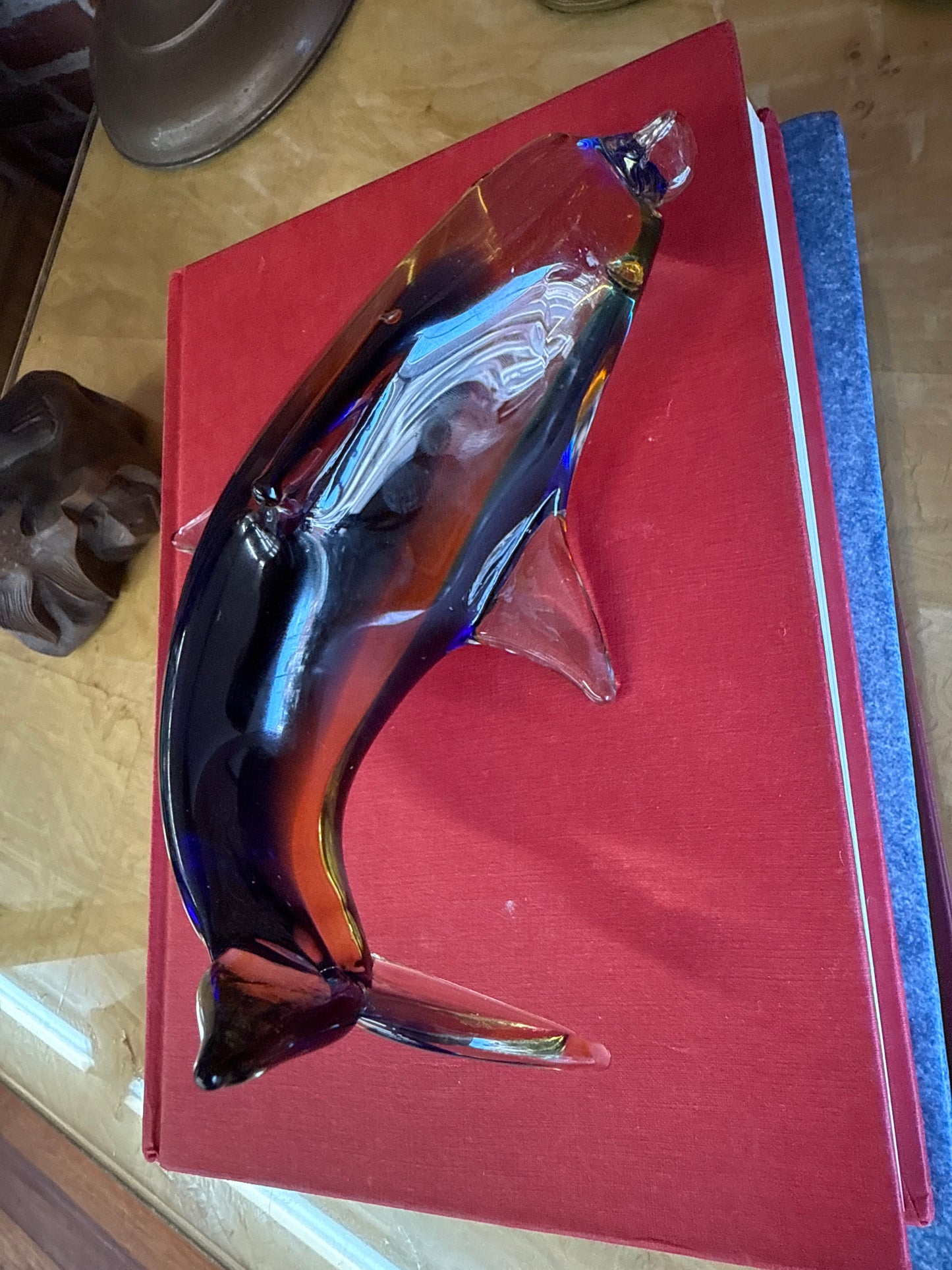 Murano Style Art Glass Dolphin Figurine in Amber and Blue, 7.25”