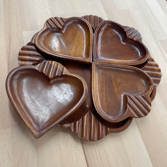Monkey Pod Wood Heart Tray Set, 5-Piece — Hand-Carved, 1970s Philippines