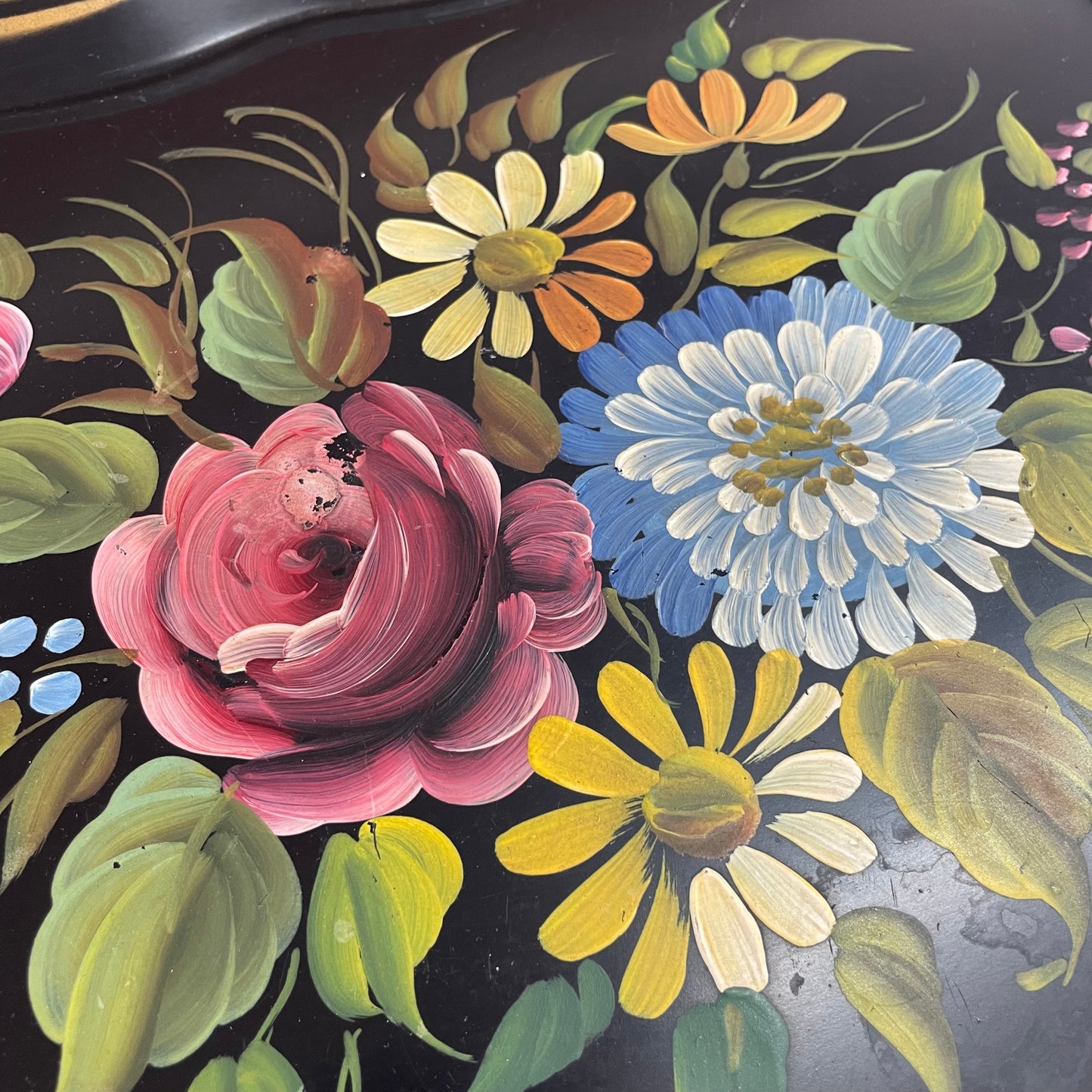 Vintage E.T. Nash Hand Painted Black Toleware Floral Metal Tray