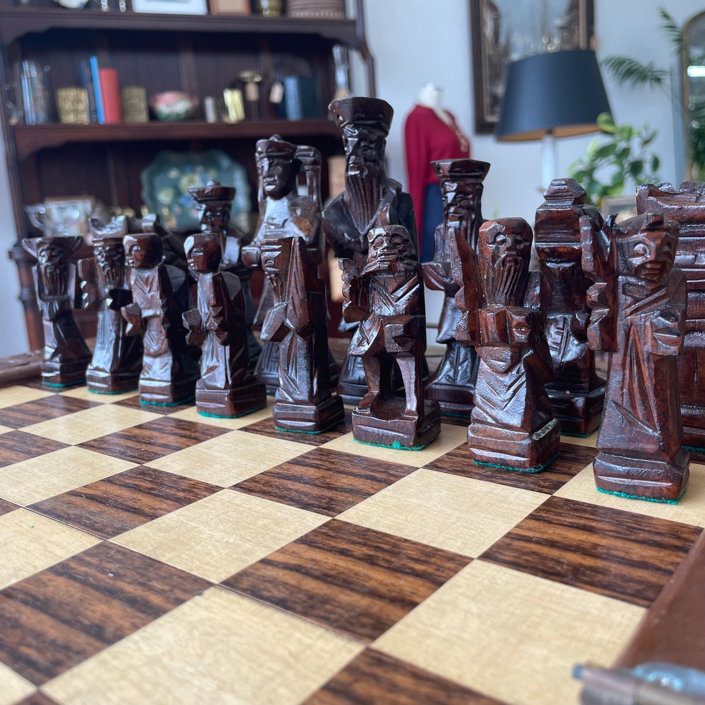 Hand-Carved Wooden Chess Set – Folding 18″ Board w/ Drawers & Brass Handles