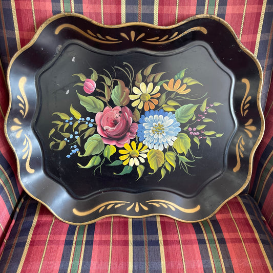 Vintage E.T. Nash Hand Painted Black Toleware Floral Metal Tray