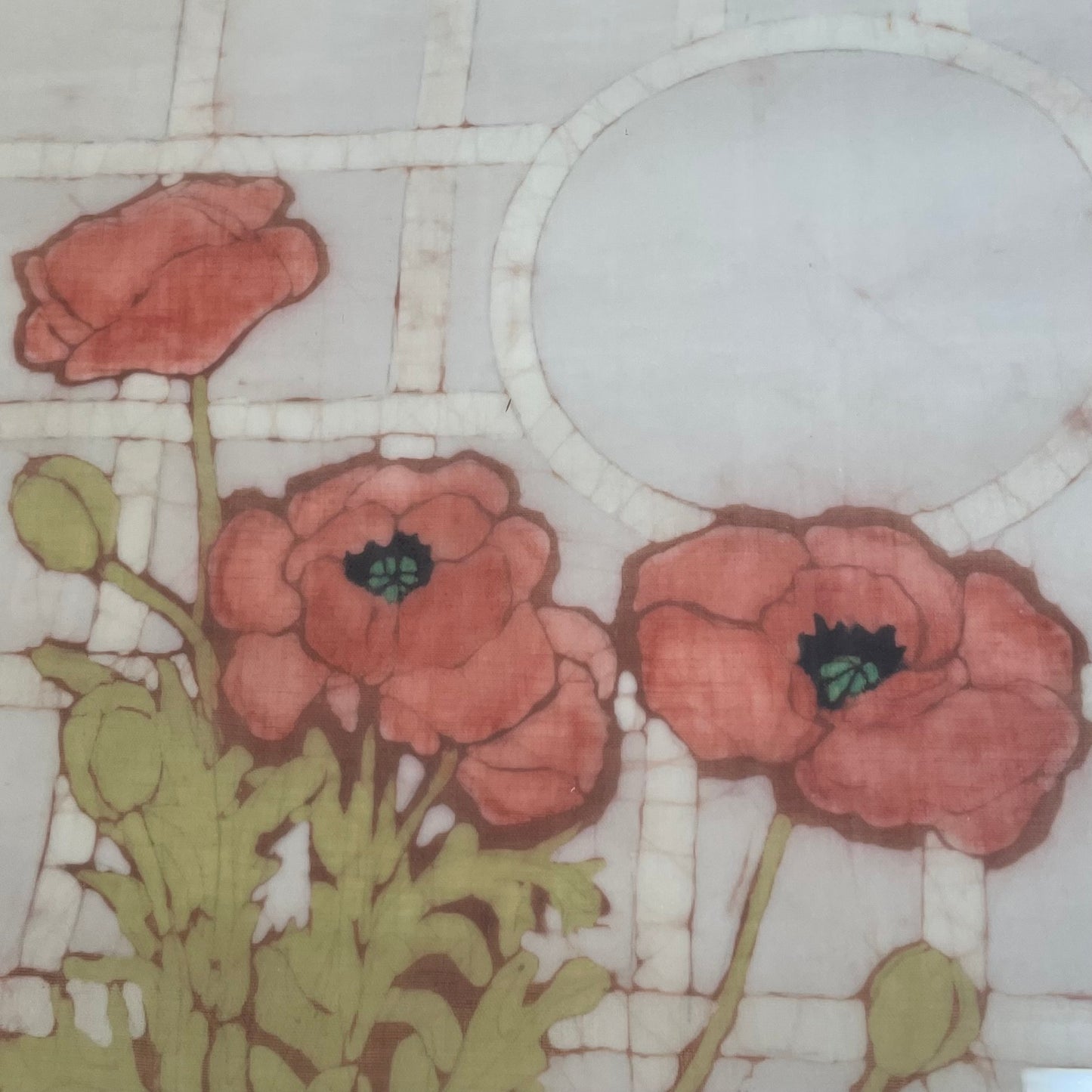 Framed Silk Poppy Artwork on Batik-Style Background, 1980s