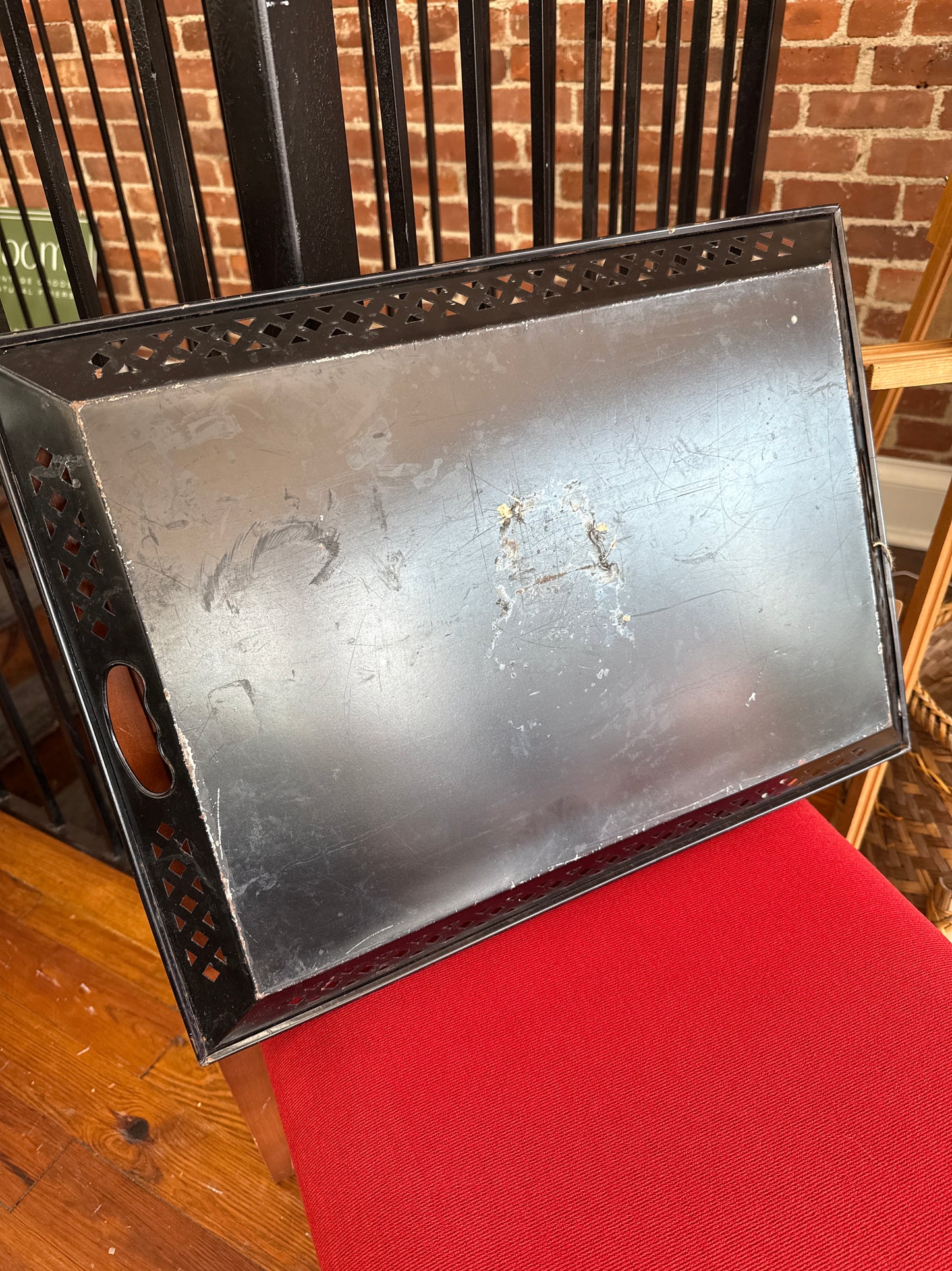 Vintage Hand-Painted Black Metal Floral Tray with Pierced Edges