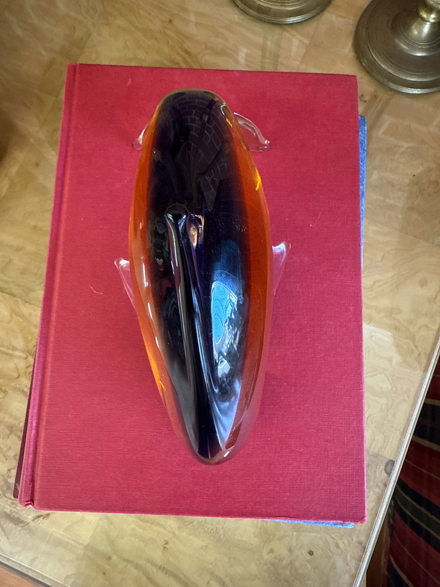Murano Style Art Glass Dolphin Figurine in Amber and Blue, 7.25”