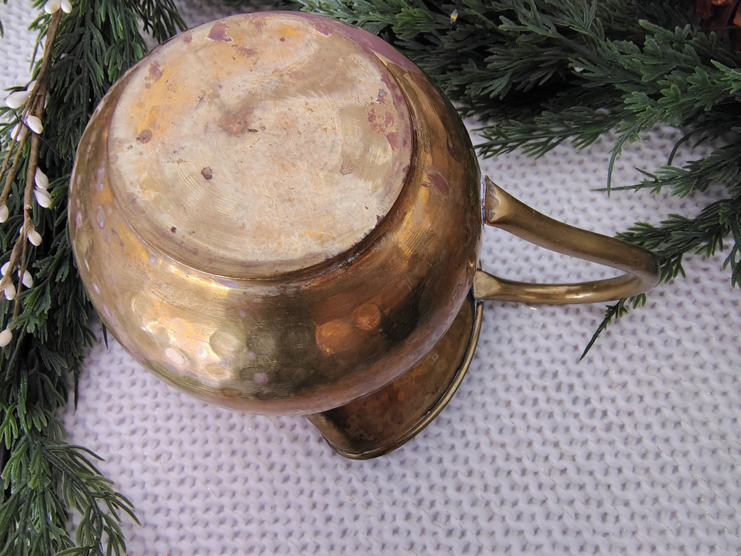 Vintage Hand-Hammered Brass Pitcher Rustic Fall Decor, Halloween Christmas, Farmhouse Style Vase or Jug (6” H x 8.5” W with Handle)