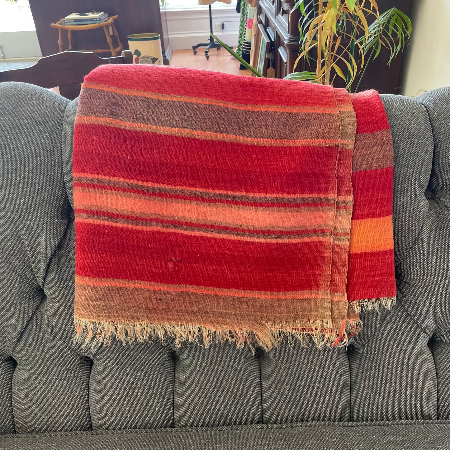 Vintage Wool Red Striped Blanket with Fringe – Handwoven Bohemian Throw (64” x 53”)