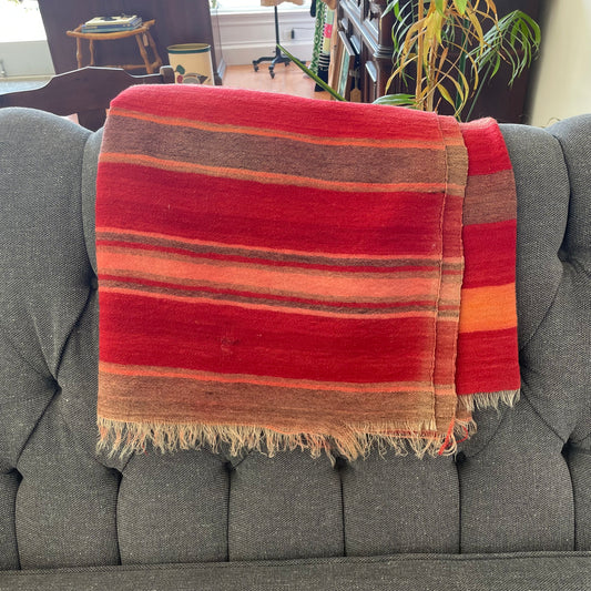 Vintage Wool Red Striped Blanket with Fringe – Handwoven Bohemian Throw (64” x 53”)