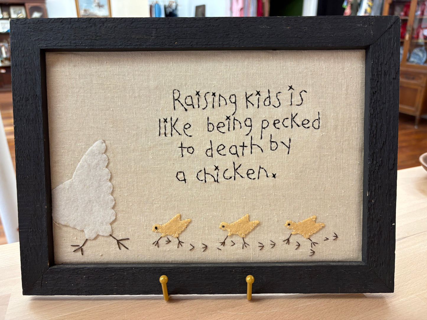 “Raising Kids” Chicken Embroidery – Framed Folk Art Quote with Felt Appliqué