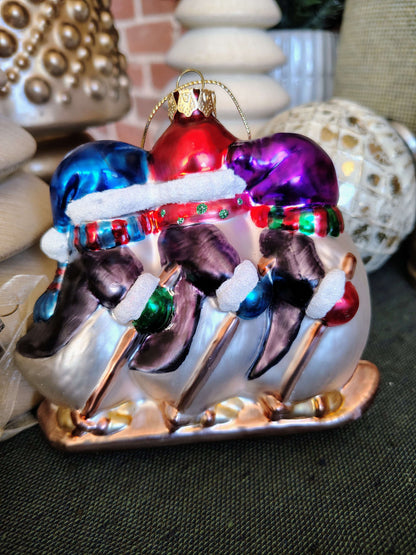 Glass Christmas Ornament – Three Skiing Penguins in Winter Scarves & Hats – photo 4 of 6